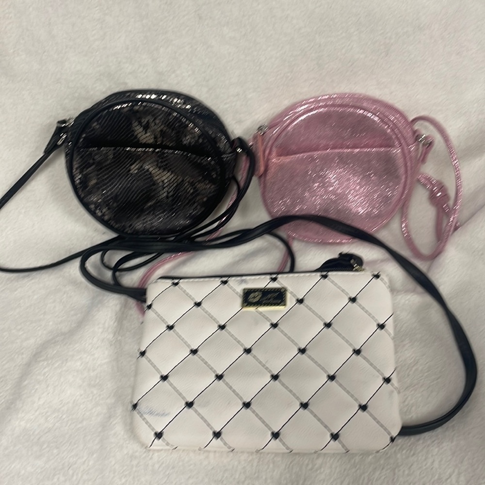 THREE Girl's Purses with straps, pink. black & White